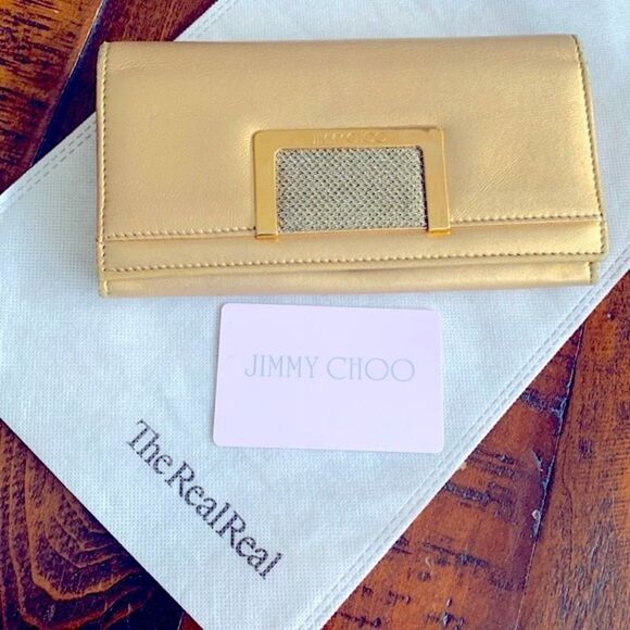 Jimmy Choo Gold Leather Glitter Bifold Metallic Long Wallet Authentic with COA - Picture 1 of 11
